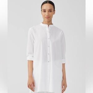 Eileen Fisher Washed Organci Cotton Poplin Mandarin White Long Shirt- Size M